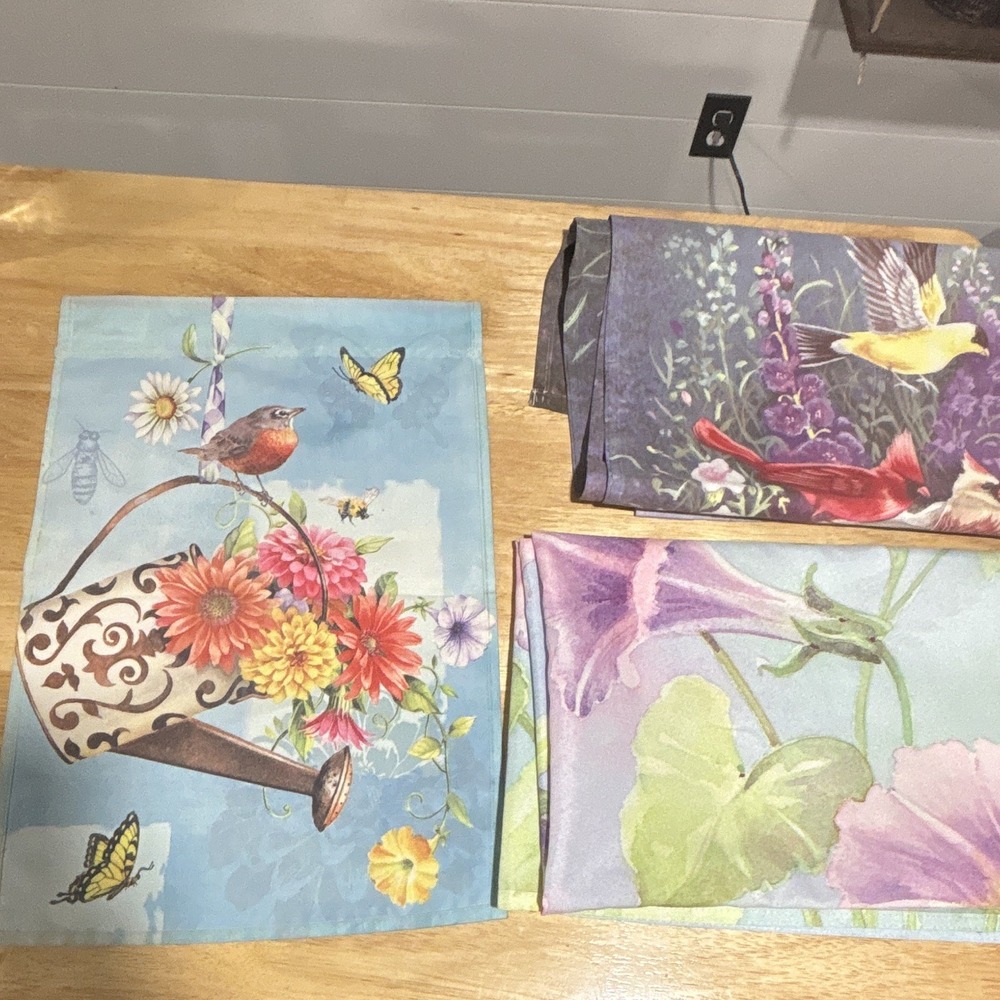 Spring Garden Flag, Lot of 3. Hummingbirds, songbirds, and flowers.